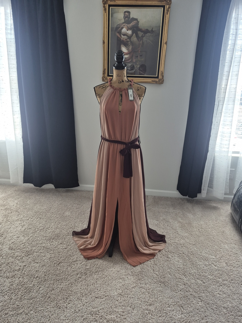 & Other Stories Two-Tone Rust and Peach Halter Maxi Dress with Sash